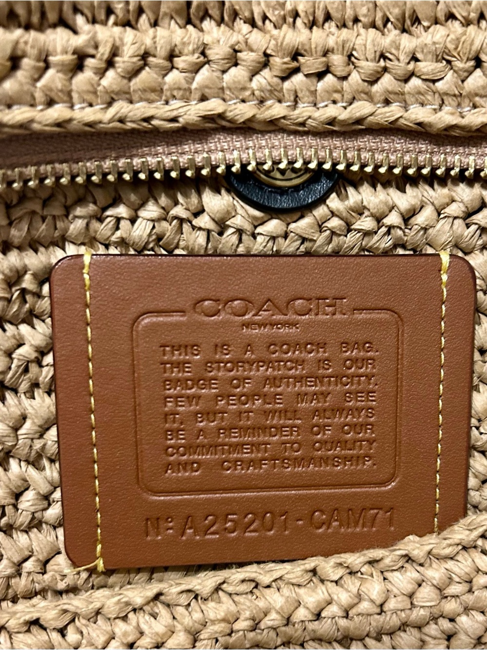Coach Tan Woven Straw Tote with Brown Leather Patch - Picture 7 of 10